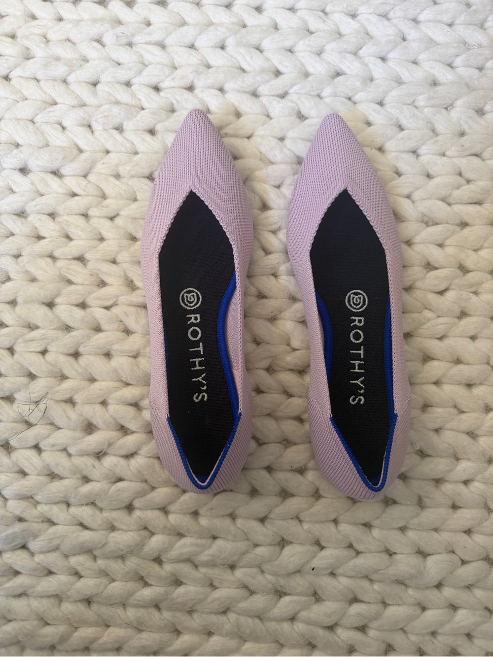 Rothy's Lilac Pointed Knit Flats with Blue Trim
